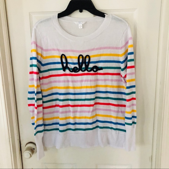 Time and Tru Sweaters - “Hello” embroidered crewneck striped sweater